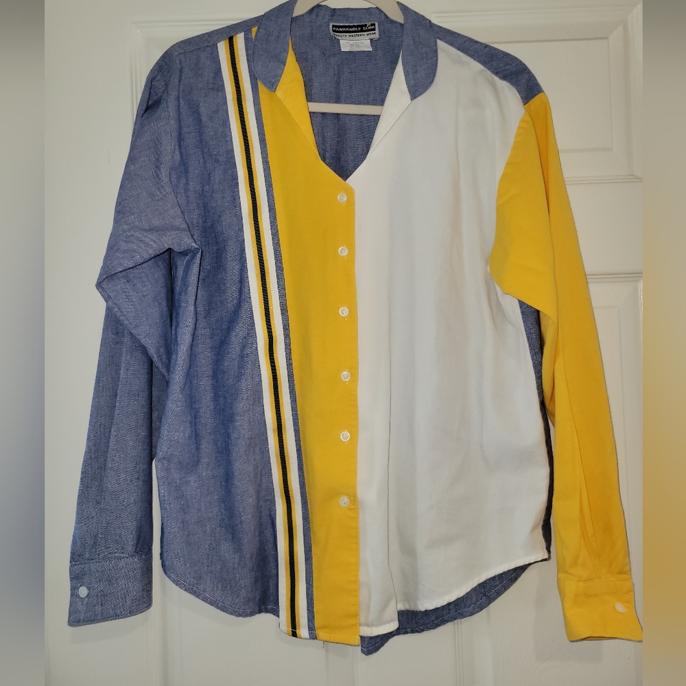 Panhandle Slim Vintage 80s Western Yellow, White & Blue Vertical Color Shirt
